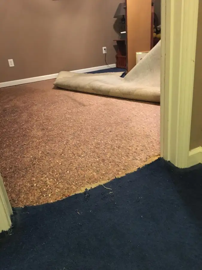 Carpet pad removal revealing water damage during Water Mitigation Services in Douglasville